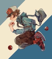 Rule 34 | 1boy, bag, blue jacket, brown eyes, brown hair, brown pants, commentary request, creatures (company), from side, full body, game freak, hand in pocket, hat, highres, hilbert (pokemon), holding, holding poke ball, jacket, long sleeves, male focus, messenger bag, nintendo, nogi (11i0 i), pants, poke ball, poke ball (basic), poke ball print, pokemon, pokemon bw, red footwear, red hat, shoes, short hair, shoulder bag, solo