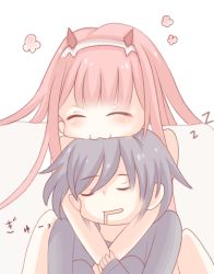 Rule 34 | 10s, 1boy, 1girl, black hair, blush, commentary request, couple, darling in the franxx, drooling, closed eyes, fringe trim, hair ornament, hairband, hand on another&#039;s arm, hetero, hiro (darling in the franxx), horns, hug, hug from behind, long hair, mizoten4869, oni horns, pink hair, red horns, short hair, white hairband, zero two (darling in the franxx)