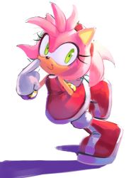 Rule 34 | 1girl, amy rose, animal ears, arm behind back, bare shoulders, boots, closed mouth, dress, female focus, flat chest, furry, furry female, gloves, green eyes, hairband, hand up, happy, highres, jpeg artifacts, knee boots, leg up, miitara, pink hair, red dress, red footwear, red hairband, short hair, simple background, sketch, sleeveless, sleeveless dress, smile, solo, sonic (series), standing, standing on one leg, white background, white gloves