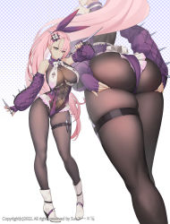 Rule 34 | 1girl, ass, bodysuit, boots, closed mouth, full body, hair ornament, high heels, highres, long hair, looking at viewer, multiple views, original, pink hair, ponytail, smile, standing, suerte, thigh strap, thighs, white footwear