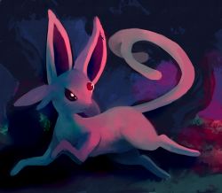 Rule 34 | 2011, brown eyes, closed mouth, commentary, commission, creature, dark, deviantart sample, espeon, forest, full body, gem, gen 2 pokemon, glitchedpuppet, grass, image sample, looking back, nature, no humans, outdoors, pokemon, pokemon (creature), running, signature, solo, tree
