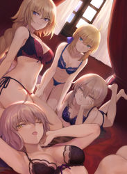 Rule 34 | 4girls, ;p, ahoge, all fours, arm support, artoria pendragon (all), artoria pendragon (fate), bare shoulders, black bra, black panties, blonde hair, blue eyes, blue ribbon, blush, bow, bow bra, bra, braid, breasts, cleavage, closed mouth, collarbone, crossed ankles, crown braid, dutch angle, elbow rest, expressionless, fate/apocrypha, fate/grand order, fate/stay night, fate (series), flower, green eyes, groin, hair between eyes, hair bun, hair ribbon, half-closed eyes, hand on own cheek, hand on own face, hand on own knee, head tilt, heterochromia, highres, indoors, jeanne d&#039;arc (fate), jeanne d&#039;arc (ruler) (fate), jeanne d&#039;arc alter (avenger) (fate), jeanne d&#039;arc alter (fate), jewelry, large breasts, leaning back, leaning forward, lingerie, long hair, looking at viewer, lying, mashuu (neko no oyashiro), medium breasts, multiple girls, navel, necklace, on back, on bed, one eye closed, panties, parted lips, red bra, red flower, removed, ribbon, ribbon-trimmed bra, rose, saber (fate), saber alter, side-tie panties, sidelocks, signature, single braid, single hair bun, sitting, smile, stomach, table, tareme, thighs, tongue, tongue out, twitter username, underwear, underwear only, very long hair, wariza, window, yellow eyes