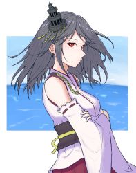 Rule 34 | 1girl, black hair, blue sky, cloud, commentary request, cowboy shot, crossed arms, day, detached sleeves, hair ornament, horizon, japanese clothes, kantai collection, looking at viewer, medium hair, minase00, ocean, red eyes, red skirt, skirt, sky, solo, wide sleeves, yamashiro (kancolle)