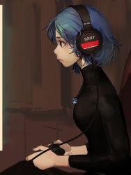 Rule 34 | 1girl, absurdres, bebe1999, black sweater, blue hair, brand name imitation, brown eyes, controller, from side, headphones, highres, jewelry, lips, necklace, original, playing games, sitting, solo, sweatdrop, sweater, turtleneck, turtleneck sweater, worried