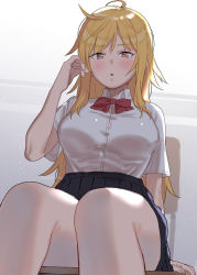 Rule 34 | 1girl, :o, absurdres, ahoge, arm support, black skirt, blonde hair, blush, bow, breasts, brown eyes, chair, collared shirt, commentary request, dress shirt, hair between eyes, hand up, highres, long hair, looking at viewer, medium breasts, on chair, original, parted lips, pleated skirt, red bow, school chair, school uniform, shirt, short sleeves, sitting, skirt, solo, subachi, twitter username, very long hair, white shirt