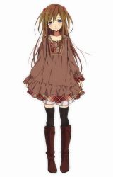 Rule 34 | 1girl, bad id, bad pixiv id, black thighhighs, blue eyes, boots, brown hair, dress, hair bobbles, hair ornament, knee boots, long hair, original, pikkoro (81357), pikkoro (euko), plaid, sketch, solo, standing, thighhighs, two side up