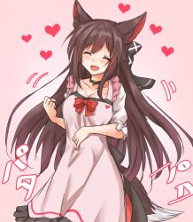Rule 34 | 1girl, ^ ^, amagi (amagi626), animal ears, apron, black bow, black choker, blush, bow, breasts, brown hair, choker, cleavage, clenched hand, closed eyes, collarbone, commentary request, dress, fang, feet out of frame, frilled apron, frills, gradient background, hair between eyes, hair bow, head tilt, heart, heart apron, highres, imaizumi kagerou, large breasts, long hair, open mouth, pink apron, pink background, red bow, short sleeves, sidelocks, smile, solo, standing, tail, touhou, translation request, very long hair, white dress, wolf ears, wolf tail