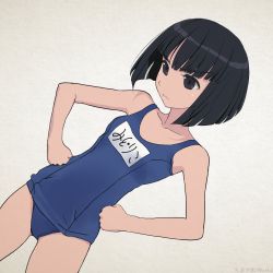 Rule 34 | 10s, 1girl, akagi (fmttps), artist name, black eyes, black hair, blue one-piece swimsuit, blunt bangs, bob cut, character name, clenched hands, closed mouth, commentary, cowboy shot, dutch angle, girls und panzer, hands on own hips, light frown, lips, looking down, looking to the side, name tag, old school swimsuit, one-piece swimsuit, school swimsuit, short hair, solo, sono midoriko, standing, swimsuit, twitter username