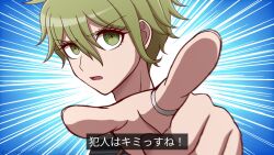 Rule 34 | 1boy, amami rantaro, artist name, blue background, danganronpa (series), danganronpa v3: killing harmony, earrings, green eyes, green hair, hair between eyes, highres, jewelry, male focus, messy hair, open mouth, pointing, pointing at viewer, portrait, ring, short hair, solo, suiren yurei, translation request