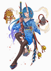 Rule 34 | 1girl, absurdres, bare shoulders, bell, blue hair, blue kimono, braid, branch, breasts, chain, cherry blossoms, cleavage, closed eyes, collarbone, dog, floral print, flower, geta, ghost, gradient hair, hair flower, hair ornament, highres, holding, holding rock, holding sheath, holding sword, holding weapon, horns, japanese clothes, kimono, long hair, long sleeves, multicolored hair, off shoulder, oni, oni horns, ootachi, original, pantyhose, paw print, petals, pink flower, platform clogs, purple hair, red flower, red horns, rock, rope, scabbard, sheath, sheathed, shimenawa, short eyebrows, simple background, smoke, spirit, sword, taiu, tongue, tongue out, weapon, white background, wide sleeves, wind