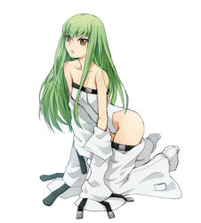 Rule 34 | 00s, 1girl, bare shoulders, c.c., code geass, collarbone, full body, green hair, kneeling, long hair, simple background, solo, strapless, thighhighs, thighs, white background, white thighhighs, yellow eyes, yukitsuki hisa