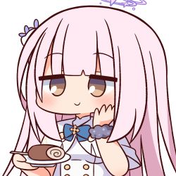 Rule 34 | 1girl, blue archive, blue bow, blush, bow, brown eyes, cake, capelet, chibi, closed mouth, commentary request, dress, food, grey scrunchie, halo, hana kazari, hands up, highres, holding, holding plate, long hair, mika (blue archive), pink hair, plate, romaji commentary, scrunchie, simple background, smile, solo, swiss roll, upper body, white background, white capelet, white dress, wrist scrunchie