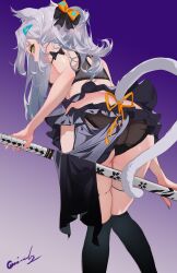 Rule 34 | 1girl, absurdres, animal ears, ass, bare shoulders, black panties, black thighhighs, blue nails, butt crack, cat ears, cat girl, cat tail, feet out of frame, from behind, gradient background, grandia lee, green eyes, grey hair, highres, holding, holding sword, holding weapon, leaning forward, long hair, looking at viewer, looking back, nail polish, orange ribbon, original, panties, purple background, revealing clothes, ribbon, sheath, sheathed, signature, solo, standing, sword, tail, tail ornament, tail ribbon, thigh strap, thighhighs, underwear, weapon