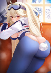 Rule 34 | 1girl, absurdres, ahoge, ass, azur lane, bandaid, bandaid on face, blonde hair, blue bodysuit, bluecher (azur lane), bluecher (high-altitude head over heels) (azur lane), bodysuit, breasts, butt crack, clothing cutout, cropped jacket, elegant (sumisumi4268), fake tail, fur collar, goggles, goggles on head, highres, indoors, kneeling, large breasts, leaning forward, licking lips, long hair, looking at viewer, looking back, mountain, official alternate costume, orange eyes, rabbit tail, solo, sportswear, tail, thigh strap, tongue, tongue out, window