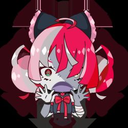 Rule 34 | 1girl, ahoge, bandaged arm, bandages, black bow, black dress, bow, chibi, double bun, dress, grey hair, hair bow, hair bun, heterochromia, hololive, hololive indonesia, kureiji ollie, kureiji ollie (artist), multicolored hair, open hands, open mouth, pink hair, red bow, red eyes, red hair, solo, stitched face, stitches, surprised, torn clothes, torn dress, virtual youtuber, yellow eyes, zombie