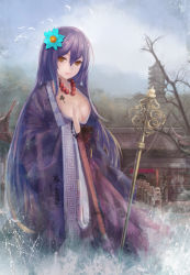 Rule 34 | 1girl, absurdres, alternate costume, bird, breasts, building, cleavage, female focus, flower, hair flower, hair ornament, highres, hijiri byakuren, japanese clothes, jewelry, large breasts, light smile, long hair, long sleeves, mag (huangmag), md5 mismatch, necklace, polearm, purple hair, solo, tattoo, touhou, tower, very long hair, weapon, wide sleeves, yellow eyes