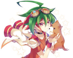 Rule 34 | 1boy, ahoge, animal, choker, dog, dyed bangs, goggles, goggles on head, green hair, holding, holding animal, holding dog, looking at viewer, male focus, multicolored hair, red eyes, red hair, red shirt, rento (rukeai), sakaki yuya, shirt, short sleeves, smile, solo, star (symbol), starry background, yu-gi-oh!, yu-gi-oh! arc-v