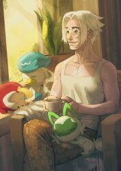 Rule 34 | 1boy, beard, chair, chest hair, clavell (pokemon), collarbone, commentary, creatures (company), crossed legs, cup, day, english commentary, facial hair, fuecoco, game freak, highres, holding, holding cup, indoors, kia shie, male focus, mug, nintendo, plant, pokemon, pokemon sv, potted plant, quaxly, shirt, sitting, sleeping, sleeveless, smile, sprigatito, starter pokemon trio, steam, white-framed eyewear, white hair, white shirt, window