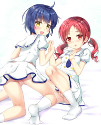Rule 34 | 2girls, :d, ass, blue eyes, bow, chestnut mouth, cleft of venus, commentary request, feet, from behind, gochuumon wa usagi desu ka?, hair bow, highres, holding hands, interlocked fingers, jouga maya, kneeling, looking at viewer, miniskirt, multiple girls, natsu megumi, niiya, no panties, no shoes, open mouth, parted bangs, pleated skirt, pussy, red eyes, school uniform, serafuku, shirt, short hair, short sleeves, short twintails, simple background, sitting, skirt, smile, thighs, twintails, uncensored, wavy hair, white shirt, white skirt, yellow eyes