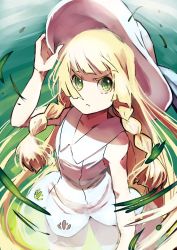 Rule 34 | &gt;:&lt;, 10s, 1girl, :&lt;, blonde hair, closed mouth, creatures (company), dress, from above, game freak, green eyes, hand on headwear, hat, highres, lillie (pokemon), looking at viewer, looking up, melonenbrot, nintendo, no nose, pokemon, pokemon sm, sleeveless, sleeveless dress, solo, v-shaped eyebrows, white dress