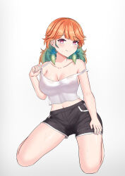 Rule 34 | 1girl, absurdres, azurecruiser, black shorts, breasts, cleavage, collarbone, earrings, feather earrings, feathers, gradient hair, hand on own thigh, highres, hololive, hololive english, jewelry, large breasts, legs folded, looking at viewer, midriff peek, multicolored hair, navel, orange hair, pink eyes, shorts, simple background, sitting, smile, stained clothes, strap pull, strap slip, sweat, sweaty clothes, swept bangs, takanashi kiara, tank top, turning head, virtual youtuber, white background, white tank top