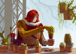 Rule 34 | 1girl, artist name, branch, cactus, cape, commentary, elden ring, english commentary, flower, flower pot, fur-trimmed cape, fur trim, hanging plant, highres, holding, holding flower pot, hollow eyes, jacket, long hair, malenia blade of miquella, mechanical arms, omnileaden, plant, potted plant, prosthesis, prosthetic arm, red cape, red hair, scar, scar on arm, scar on face, signature, single mechanical arm, solo, table, upper body, yellow jacket