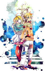 Rule 34 | 1boy, 1girl, 7:24, aqua eyes, black thighhighs, blonde hair, blush, boots, brother and sister, city, earmuffs, highres, holding hands, jacket, kagamine len, kagamine rin, moon, poncho, short hair, siblings, skirt, smile, sweater, tears, thighhighs, twins, vocaloid