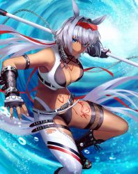 Rule 34 | 1girl, absurdres, animal ears, arm guards, asymmetrical clothes, bare shoulders, belt, bikini, black bikini, black gloves, blue eyes, body markings, breasts, caenis (fate), caenis (swimsuit rider) (fate), caenis (swimsuit rider) (second ascension) (fate), chain, cleavage, collarbone, cropped vest, elbow gloves, fate/grand order, fate (series), fingerless gloves, gloves, goggles, hairband, highres, kankitsurui (house of citrus), large breasts, long hair, looking at viewer, navel, single pantsleg, solo, swimsuit, thigh strap, thighs, very long hair, vest, water, water drop, white hair, white legwear, white vest