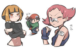 Rule 34 | 1boy, 2girls, bandaid, bandaid on arm, bandaid on face, bandaid on nose, black eyes, black shirt, blush, breasts, capelet, closed mouth, commentary request, creatures (company), crossed arms, fingerless gloves, frown, game freak, gardenia (pokemon), gloves, green capelet, grey pants, hand up, hat, highres, lucas (pokemon), maylene (pokemon), midriff, multiple girls, navel, nintendo, pants, pink eyes, pink hair, pokemon, pokemon dppt, shirt, shoes, short hair, simple background, smile, solid oval eyes, tirarizun, white background