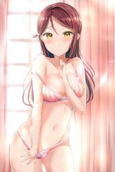 Rule 34 | 1girl, arm between breasts, blush, bra, bra pull, bra strap, breasts, clothes pull, collarbone, cowboy shot, curtains, highres, lace, lace-trimmed bra, lace-trimmed panties, lace trim, lingerie, long hair, looking at viewer, love live!, love live! sunshine!!, medium breasts, morerin, navel, panties, panty pull, pink bra, pink panties, red hair, sakurauchi riko, solo, underwear, underwear only, window, yellow eyes