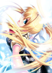 Rule 34 | 00s, 1girl, air (visual novel), blonde hair, blue eyes, blush, feathers, from behind, head tilt, highres, kamio misuzu, long hair, looking back, open mouth, outstretched arms, ponytail, school uniform, smile, solo, spread arms, wings, zen