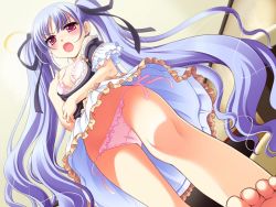 Rule 34 | angry, barefoot, blue hair, blush, bra, feet, frills, ginta, lingerie, long hair, open mouth, panties, red eyes, skirt, sugar + spice, toes, twintails, underwear, upskirt