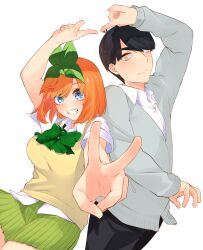 Rule 34 | 1boy, 1girl, :d, absurdres, arm up, black hair, blue eyes, blush, bow, breasts, cardigan, closed mouth, collared shirt, commentary, couple, cowboy shot, eyebrows hidden by hair, floating hair, foreshortening, go-toubun no hanayome, green bow, green ribbon, green skirt, grey cardigan, grin, hair ribbon, happy, hetero, highres, index finger raised, index fingers together, large breasts, long sleeves, looking at viewer, miniskirt, mojyu saico, nakano yotsuba, open mouth, outstretched arm, plaid, plaid bow, pleated skirt, ribbon, school uniform, shirt, short hair, short sleeves, simple background, skirt, smile, surprised, sweater vest, swept bangs, uesugi fuutarou, v, wavy mouth, white background, white shirt, wide-eyed, yellow eyes, yellow sweater vest