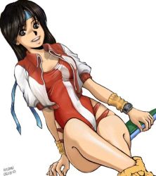 Rule 34 | 1103spa (tomlab), 1girl, bad id, brown eyes, brown hair, crossed legs, dated, dutch angle, headband, leg warmers, leotard, open clothes, red leotard, simple background, sitting, smile, solo, takaya noriko, top wo nerae!, watch, white background, wristband, wristwatch