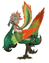 Rule 34 | 1girl, absurdres, anklet, armlet, ass, bird tail, breasts, chinese commentary, claws, commentary request, dark-skinned female, dark skin, feathered wings, feathers, green eyes, green feathers, green wings, grey hair, hair between eyes, harpy, highres, jewelry, looking at viewer, midriff, monster girl, multicolored tail, multicolored wings, open mouth, orange feathers, original, sharp teeth, simple background, small breasts, solo, sora sakura, standing, standing on one leg, tail, talons, teeth, twintails, white background, winged arms, wings, yellow feathers