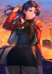 Rule 34 | 1girl, arm at side, belt, black shirt, black skirt, blue eyes, breasts, building, car, closed mouth, cloud, cowboy shot, cropped jacket, cross, cross necklace, earrings, floating hair, frown, hand up, highres, jacket, jewelry, katsuragi misato, lamppost, leaf, lipstick, long hair, long sleeves, looking away, looking to the side, makeup, medium breasts, mhk (mechamania), miniskirt, motor vehicle, necklace, neon genesis evangelion, open clothes, open jacket, outdoors, pencil skirt, power lines, purple hair, red jacket, shirt, skirt, skirt set, sky, solo, star (sky), stud earrings, sunset, turtleneck, twilight, wind