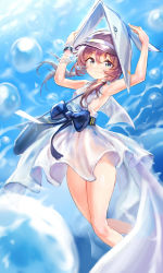 Rule 34 | 1girl, arknights, armpits, backless dress, backless outfit, bad leg, bag, belt bow, blue bow, blue sky, bow, bracelet, bubble, chromatic aberration, dress, flying, hair between eyes, hands on headwear, hands up, hat, highres, infection monitor (arknights), jell (jell y fish), jewelry, light blush, long hair, looking at viewer, low twintails, messenger bag, multicolored eyes, ocean, purestream (arknights), red hair, see-through, see-through dress, shoulder bag, sky, smile, solo, twintails