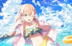 Rule 34 | 1girl, ;d, aqua eyes, bikini, blue sky, blurry, blurry background, breasts, cleavage, collarbone, crossed bangs, dutch angle, floral print bikini, frilled bikini top, frilled jacket, frills, game cg, hair ornament, hairclip, halterneck, hands up, highres, hinoshita kaho, innertube, jacket, jacket over swimsuit, link! like! love live!, looking at viewer, love live!, low twintails, medium breasts, medium hair, navel, official art, one eye closed, open clothes, open jacket, open mouth, orange hair, pink jacket, short sleeves, sky, smile, solo, stomach, swim ring, swimsuit, teeth, third-party source, twintails, virtual youtuber, water, water drop, yellow bikini