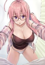 Rule 34 | 1girl, ahoge, all fours, bare shoulders, blush, breasts, camisole, chestnut mouth, cleavage, collarbone, commentary request, curtains, glasses, gluteal fold, highres, jacket, koyuki (kotatsu358), large breasts, long hair, long sleeves, looking at viewer, neet de otaku na kunoichi to naze ka dousei hajimemashita, open clothes, open jacket, paid reward available, panties, pink hair, purple eyes, shiny clothes, shizuri (neet de otaku na kunoichi to naze ka dousei hajimemashita), side ponytail, solo, strap slip, striped, underwear, white panties
