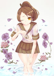 Rule 34 | &gt; o, 10s, 1girl, bad id, bad pixiv id, brown hair, brown skirt, commentary request, eyebrows, floral background, hair ribbon, kantai collection, launching, long hair, looking at viewer, one eye closed, pleated skirt, ponytail, ribbon, school uniform, serafuku, shikinami (kancolle), skirt, solo, tori kabocha, yellow eyes
