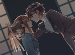 Rule 34 | 1boy, 1girl, amamiya ren, black hair, blazer, brown eyes, brown hair, close-up, eye contact, glasses, hand in another&#039;s hair, hetero, holding, holding own hair, ichi yasushi, imminent kiss, indoors, jacket, kosei high school uniform, leaning forward, long hair, looking at another, persona, persona 5, red eyes, school uniform, short hair, shuujin academy school uniform, tougou hifumi, turtleneck