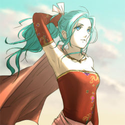 Rule 34 | 1990s (style), 1girl, armpits, blue eyes, cape, chickenb, detached sleeves, female focus, final fantasy, final fantasy vi, green hair, long hair, lowres, outdoors, ponytail, sky, solo, tina branford