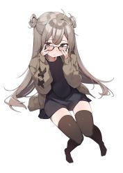 Rule 34 | 1girl, adjusting eyewear, ahoge, black dress, black eyes, blush, brown hair, brown jacket, brown thighhighs, closed mouth, commentary request, double bun, dress, from above, full body, glasses, hair bun, hands up, highres, invisible chair, jacket, knees together feet apart, long hair, long sleeves, looking at viewer, no shoes, open clothes, open jacket, original, shin no tenpii, simple background, sitting, solo, thighhighs, very long hair, white background
