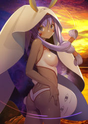 Rule 34 | 1girl, animal ears, ass, at-yui, breasts, closed mouth, covered erect nipples, cowboy shot, dark-skinned female, dark skin, dimples of venus, facial mark, fate/grand order, fate (series), from behind, hair tubes, hairband, highres, kickboard, long hair, looking at viewer, looking back, medium breasts, medjed (fate), nitocris (fate), nitocris (fate/grand order), nitocris (swimsuit assassin) (fate), nitocris (swimsuit assassin) (second ascension) (fate), one-piece swimsuit, perky breasts, purple eyes, purple hair, sidelocks, sky, smile, solo, standing, swimsuit, very long hair, white one-piece swimsuit