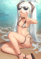 Rule 34 | 1girl, absurdres, beach, bikini, black bikini, black bow, black choker, blue archive, blush, bow, breasts, choker, doribae, eyes visible through hair, eyewear on head, hair bow, highres, iori (blue archive), iori (swimsuit) (blue archive), jewelry, knee up, long hair, looking at viewer, multi-strapped bikini bottom, necklace, one eye covered, pointy ears, red eyes, sandals, side-tie bikini bottom, silver hair, sitting, small breasts, solo, string bikini, sunglasses, sweatdrop, swimsuit, thigh strap, twintails, very long hair, water, wet