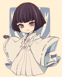 Rule 34 | 1girl, black hair, blunt bangs, blush stickers, border, closed mouth, dot nose, eyelashes, japanese clothes, kimono, looking at viewer, maruino, original, short hair, sleeves past fingers, sleeves past wrists, smile, solo, white border, white kimono, wide sleeves
