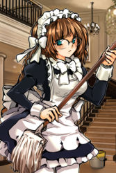 Rule 34 | apron, artist request, blue eyes, braid, brown hair, bucket, chandelier, frown, glasses, hair ribbon, holding, long hair, lowres, maid, maid apron, maid headdress, mop, mop maid, pantyhose, ribbon, solo, sword girls, thighhighs, white pantyhose