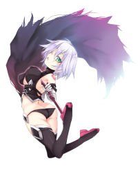 Rule 34 | 1girl, alternate breast size, ass, bandages, bare shoulders, black panties, black thighhighs, boots, breasts, butt crack, cape, dagger, fate/apocrypha, fate (series), full body, gloves, green eyes, highres, jack the ripper (fate/apocrypha), knife, kurokuro, large breasts, looking at viewer, open mouth, panties, scar, short hair, silver hair, simple background, solo, thigh boots, thighhighs, underwear, weapon, white background