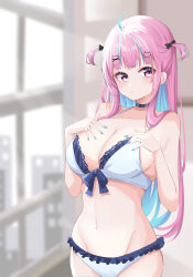 Rule 34 | 1girl, absurdres, ahoge, black choker, black ribbon, blue hair, blue nails, blurry, blurry background, blush, bra, breasts, choker, cleavage, closed mouth, colored inner hair, commentary, cowboy shot, depth of field, dreamoon, frilled panties, frills, groin, hair ornament, hair ribbon, hands on own chest, highres, hololive, indoors, lace, lace-trimmed bra, lace trim, large breasts, light frown, long hair, looking at viewer, minato aqua, multicolored hair, nail polish, navel, panties, purple eyes, purple hair, ribbon, solo, standing, streaked hair, two-tone hair, two side up, underwear, underwear only, virtual youtuber, white bra, white panties, window