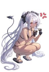 Rule 34 | 1girl, absurdres, anger vein, bare arms, bare legs, bare shoulders, bikini, black bikini, black gloves, black tail, blue archive, blush, breasts, closed mouth, collarbone, dark-skinned female, dark skin, demon tail, full body, gloves, greenapple, grey hair, hair between eyes, highres, holding, holding removed eyewear, iori (blue archive), iori (swimsuit) (blue archive), long hair, navel, official alternate costume, pointy ears, red eyes, sandals, simple background, small breasts, solo, squatting, sunglasses, swimsuit, tail, unworn eyewear, white background